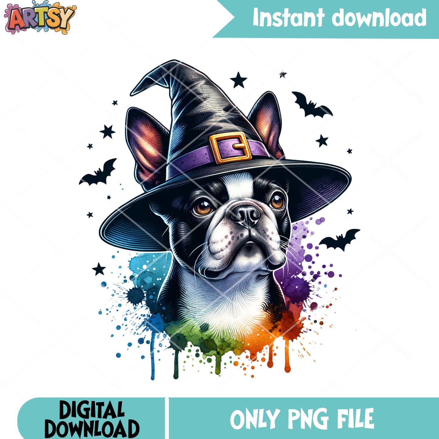 Witch hat Boston terrier png, scary bats png, halloween scary png