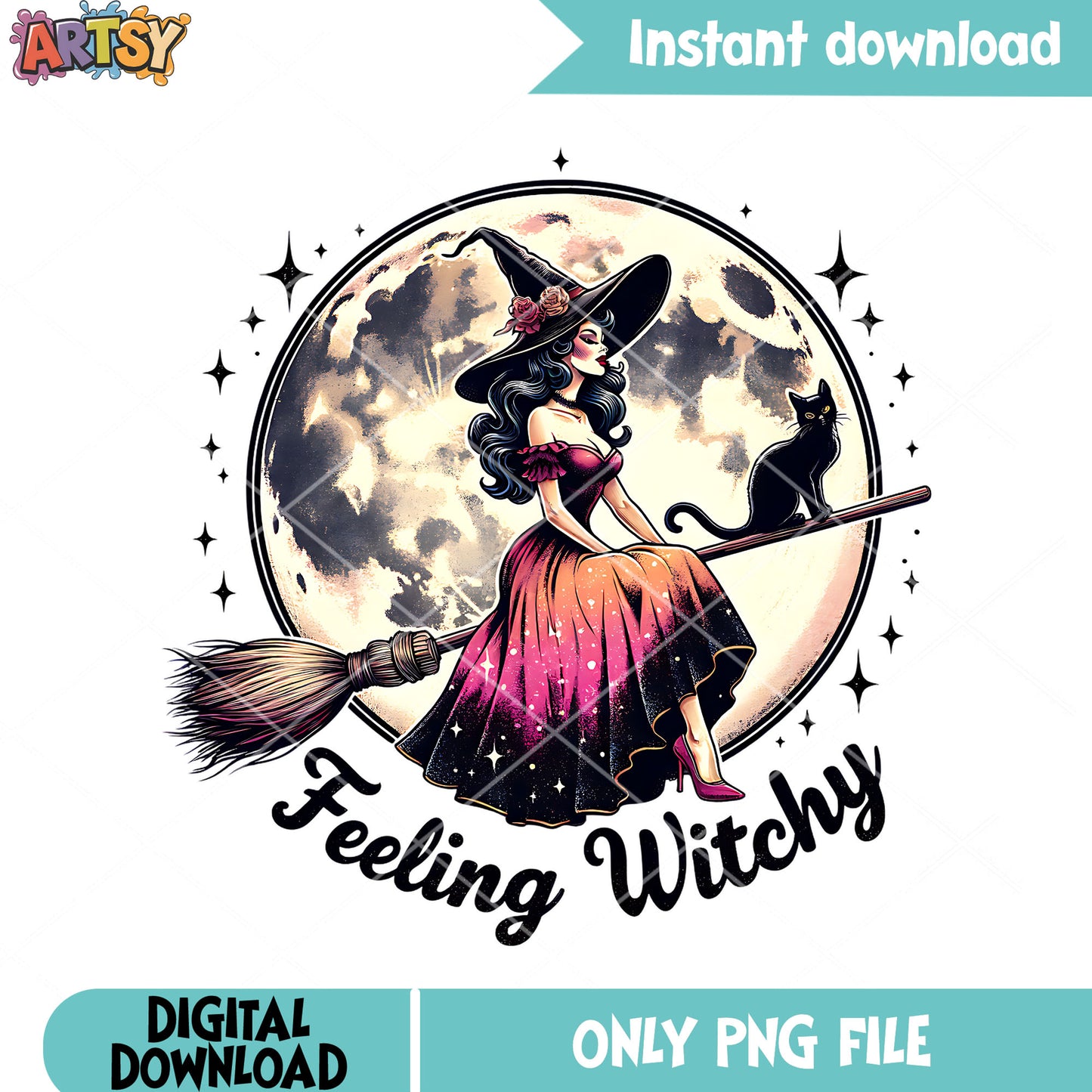 Witchy riding the broom png, full moon night png, halloween scary png