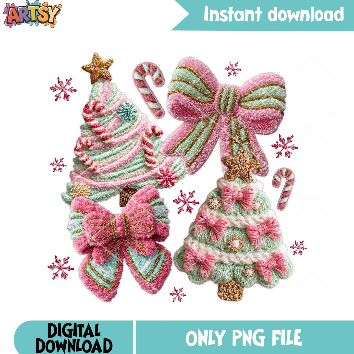 Xmas decor pattern house png, candy cane png, christmas tree png