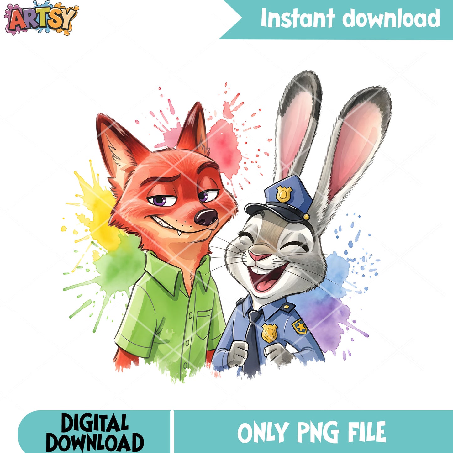 Zootopia watercolor art png, disney zootopia png, judy and nick png