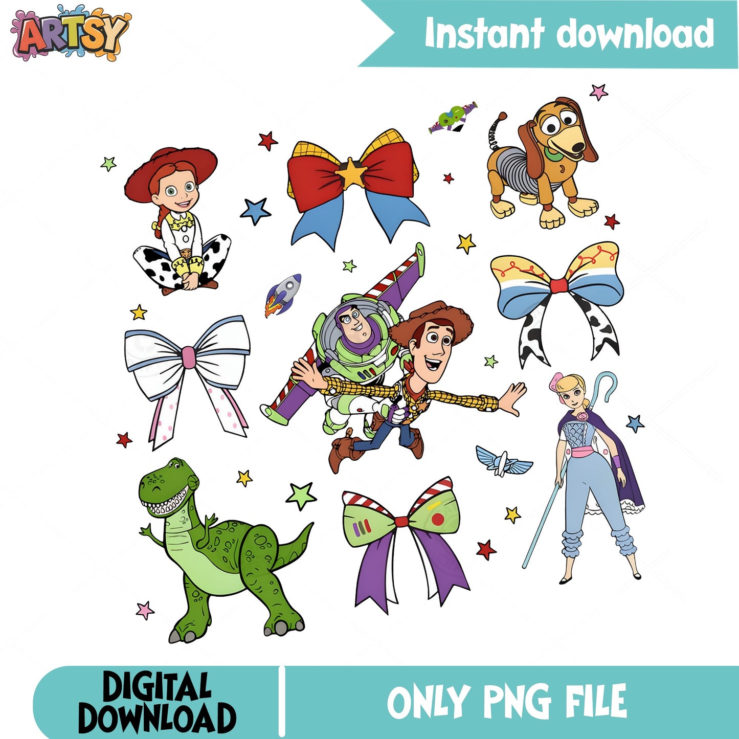 Toy Story Characters With Bows PNG Bundle, Disney Pixar PNG, Woody Buzz PNG