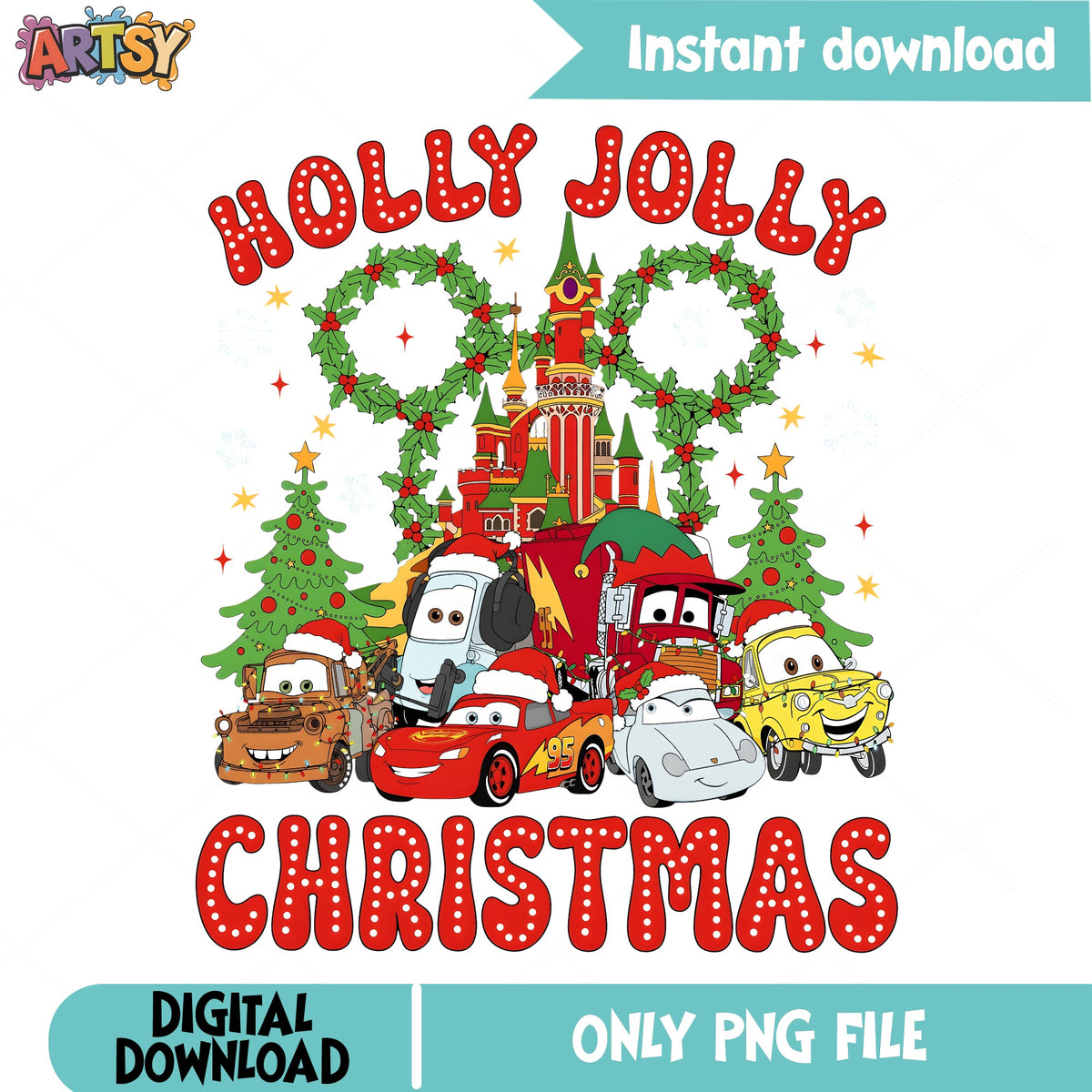Cars Holly Jolly PNG, Lightning McQueen PNG, Christmas Wreath PNG