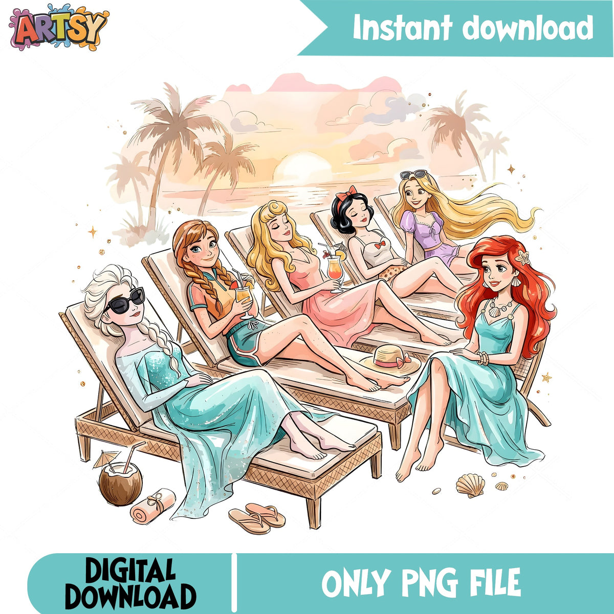 Princess Beach Sunset PNG, Elsa Ariel PNG, Summer Vacation PNG