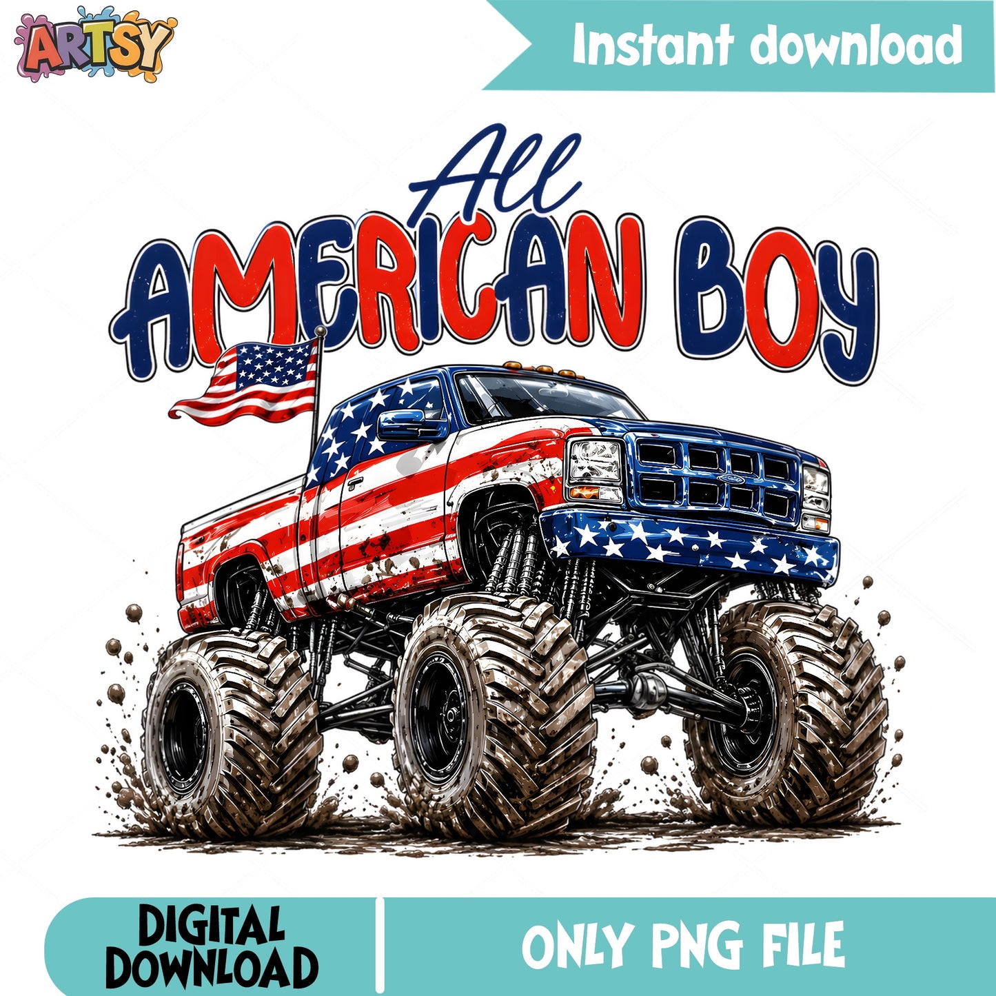 All American Boy Monster Truck PNG, 4th Of July PNG, Boys PNG