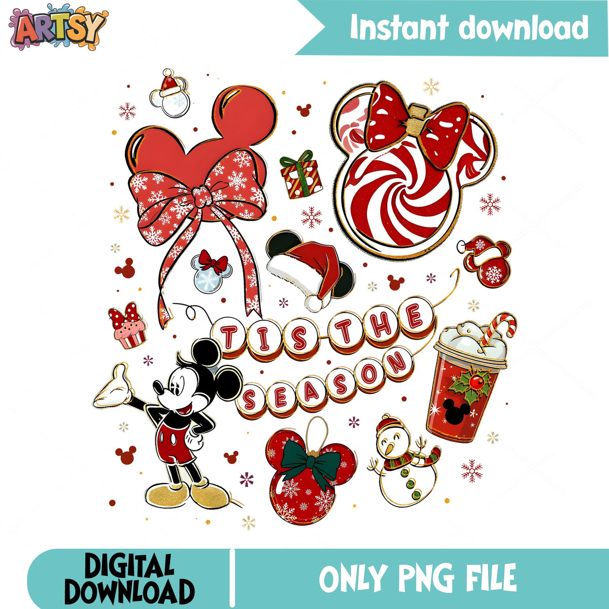 Tis The Season Mickey PNG, Christmas Bow PNG, Ornament Set PNG
