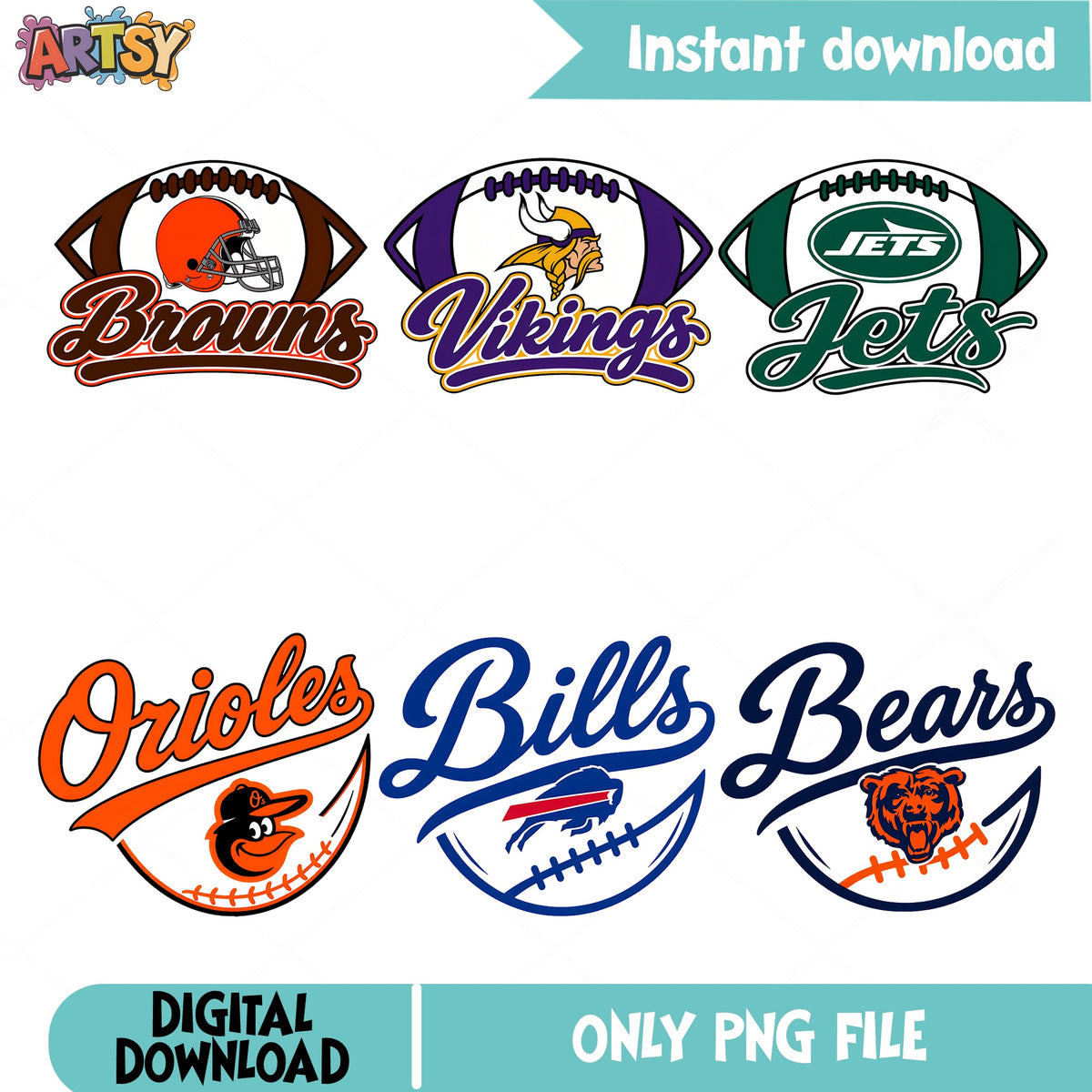 NFL MLB Team Script Logo PNG Bundle, Browns Vikings PNG, Bears PNG
