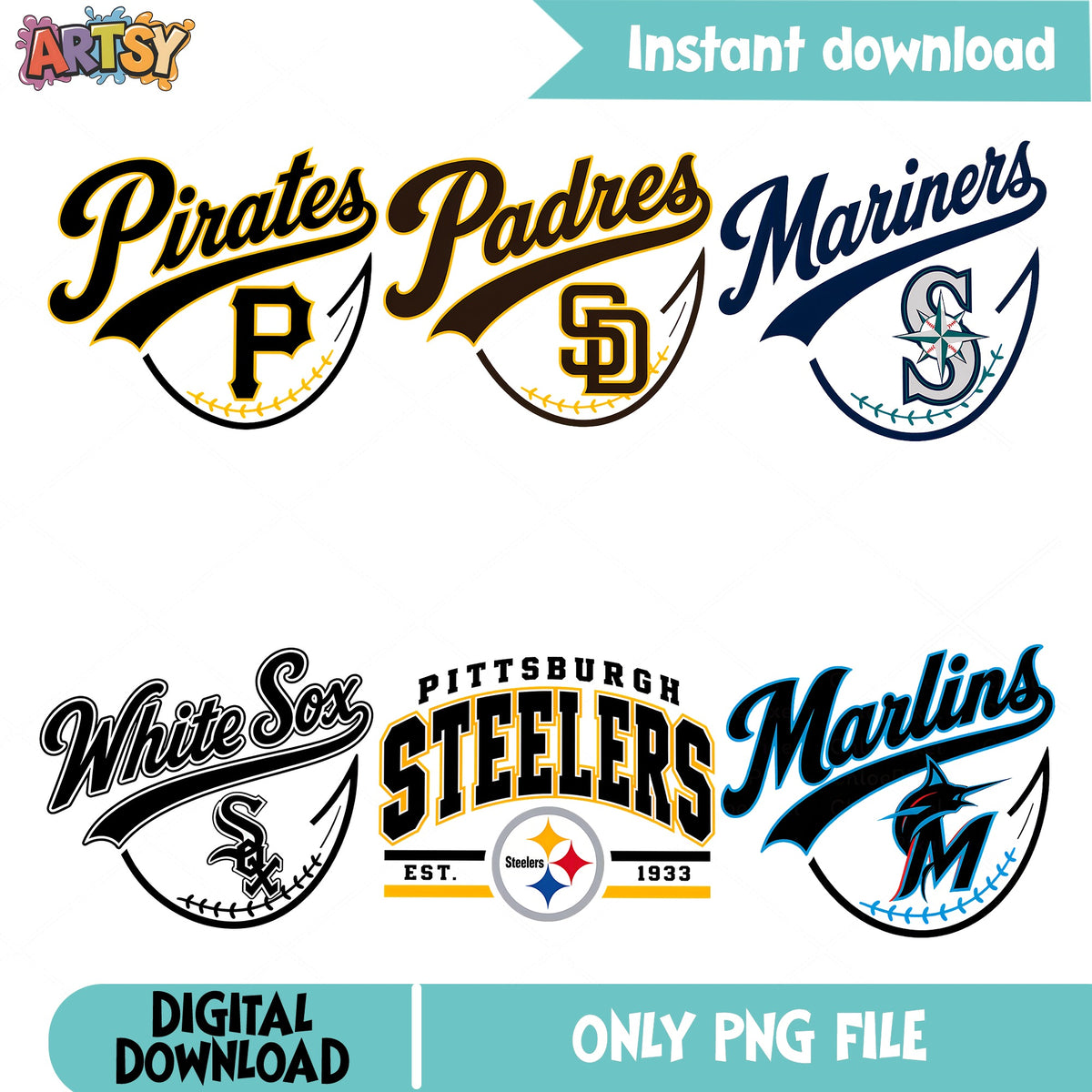 MLB Baseball Team Script PNG Bundle, Pirates Padres PNG, Steelers PNG