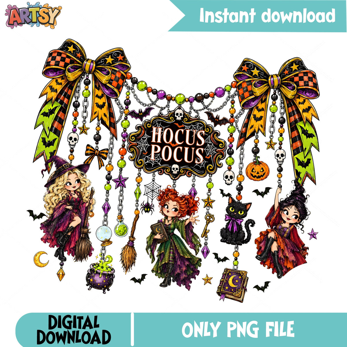 Hocus Pocus Sanderson Bow Charm PNG, Winifred Mary PNG, Binx Cat PNG