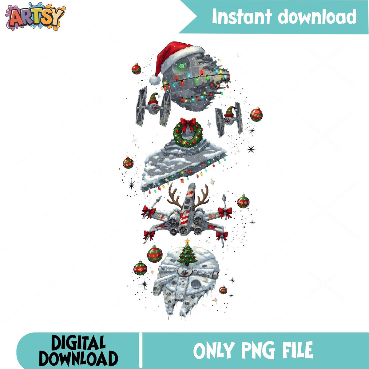 Star Wars Christmas Ships PNG, X-Wing Reindeer PNG, Death Star PNG