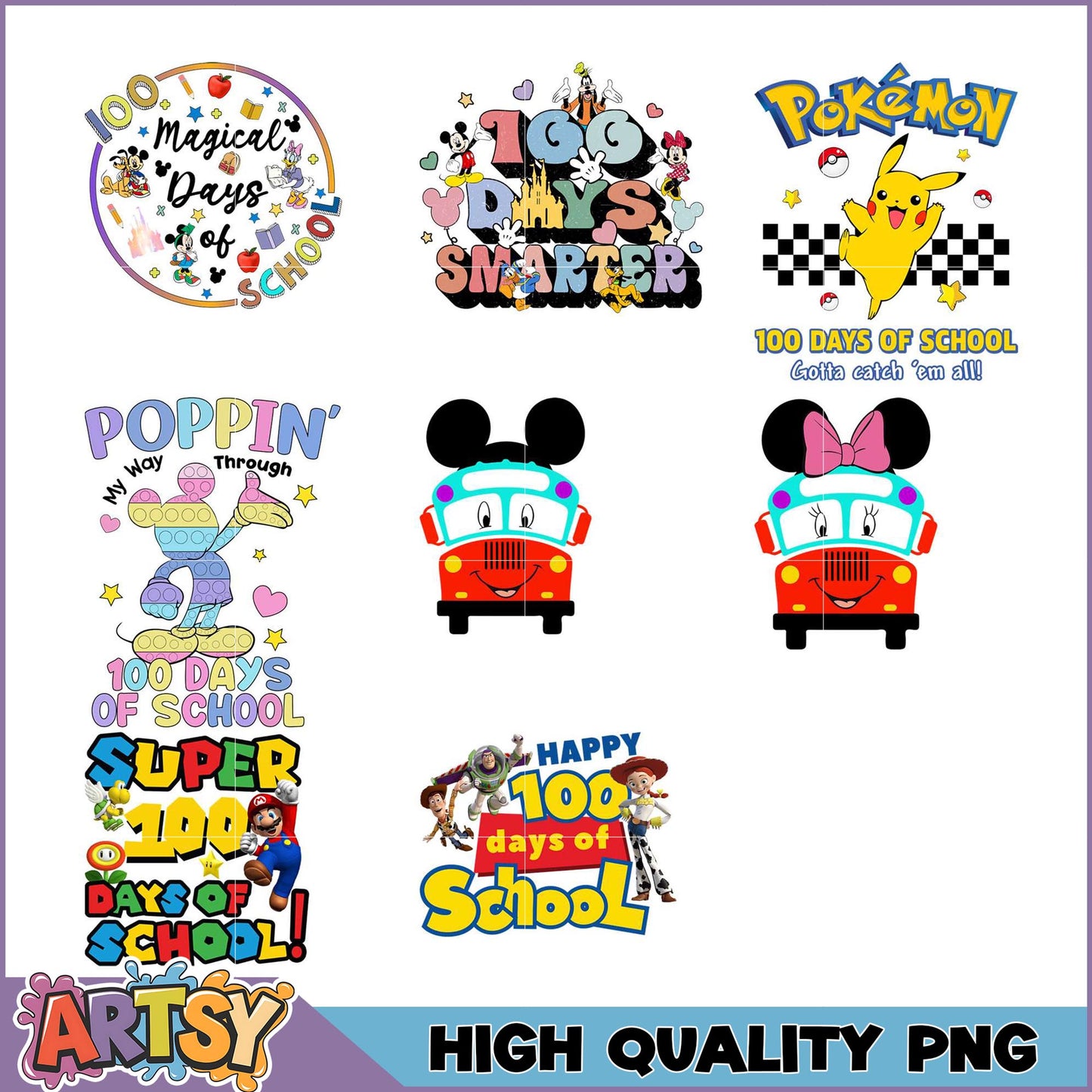 100 Days of School PNG Bundle Disney, Pokemon, More