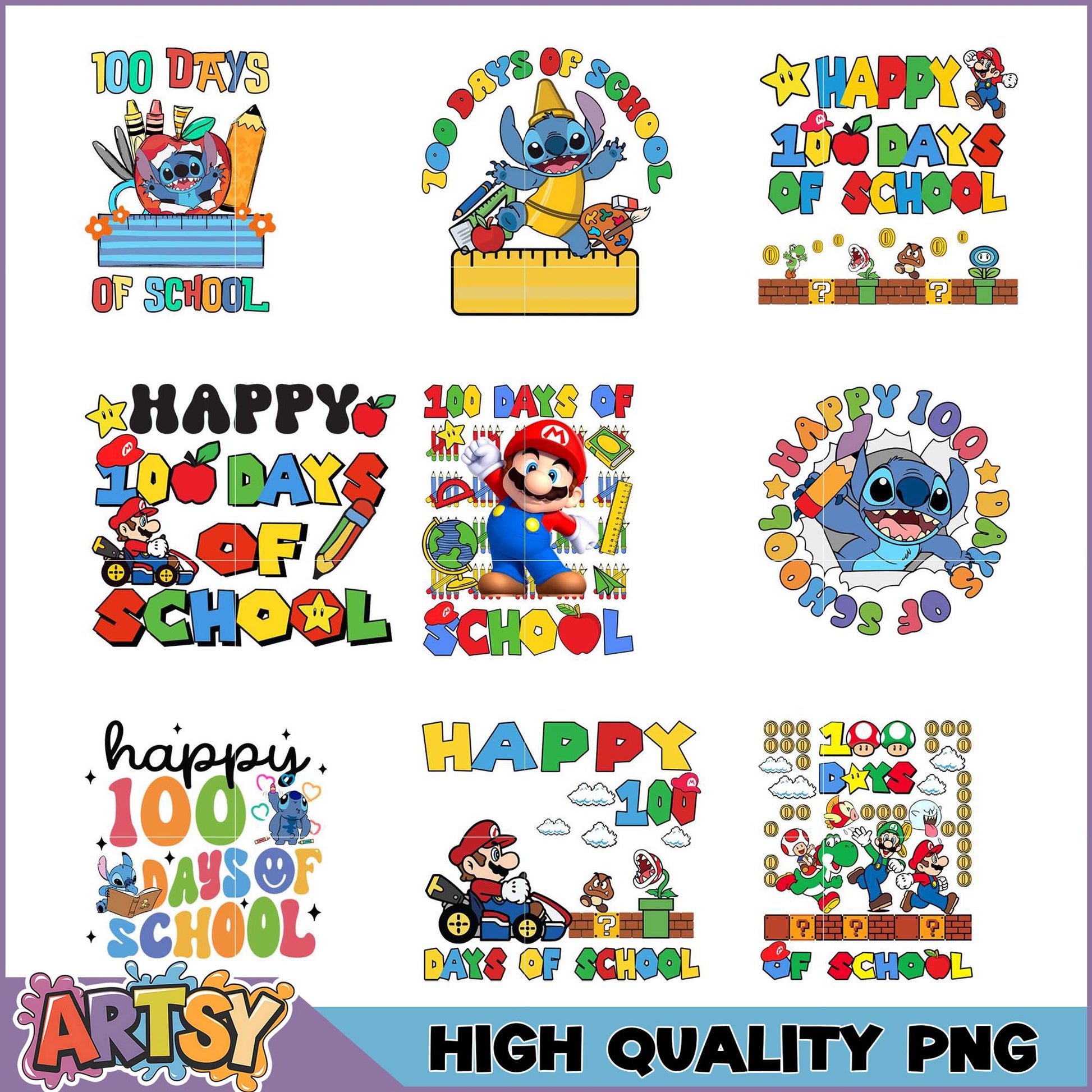 100 Days of School PNG Bundle Stitch & Mario