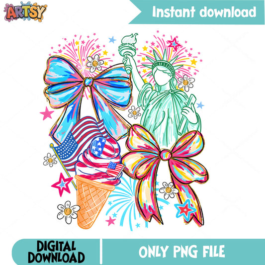 4th Of July Coquette Bow PNG, Statue Of Liberty PNG, America PNG