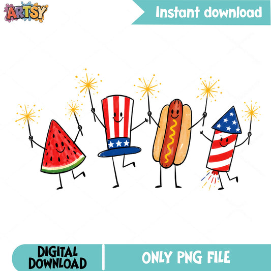 4th Of July Cute Characters PNG, Watermelon Hot Dog PNG, Fourth Of July PNG