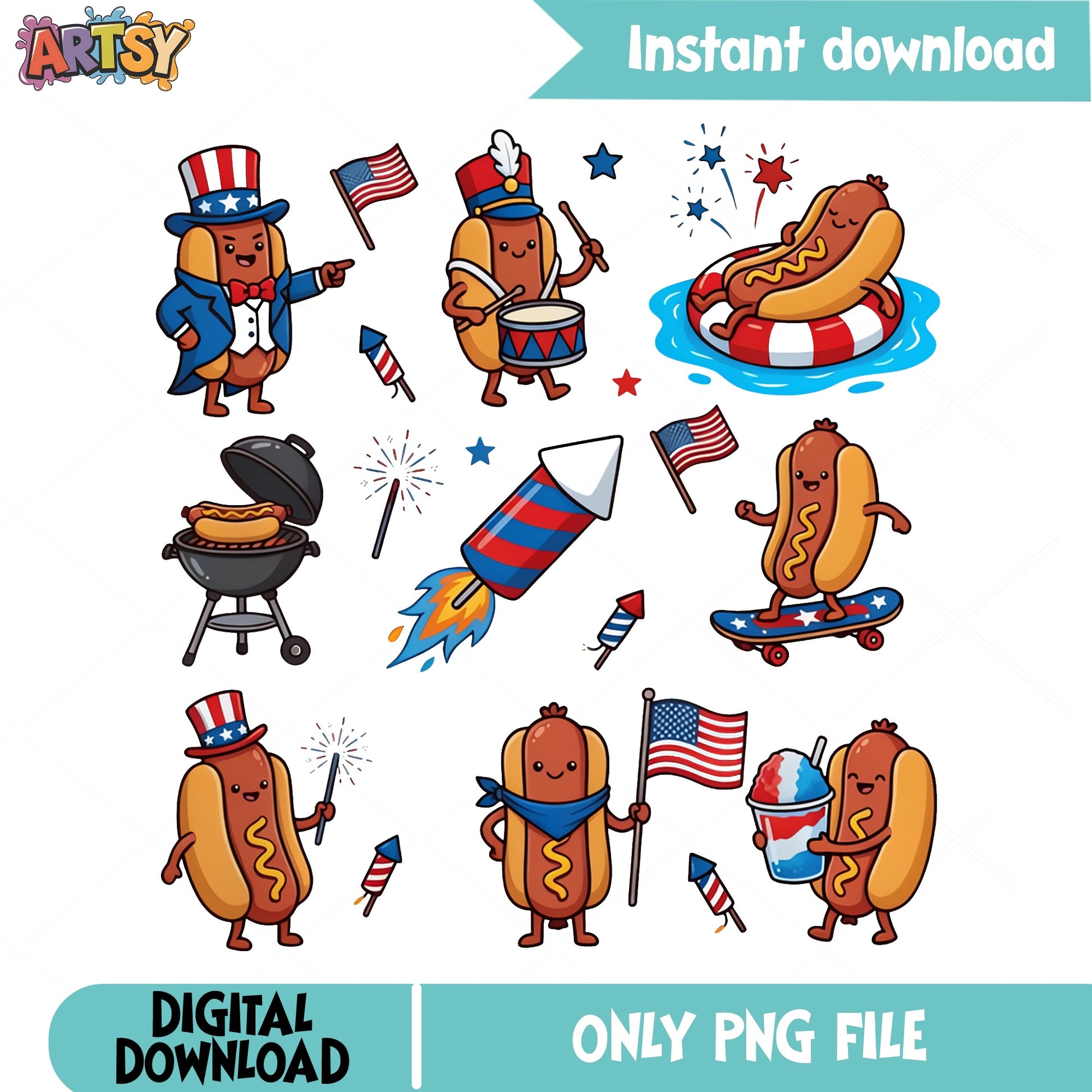 4th Of July Hot Dog PNG Bundle, Patriotic Clipart, USA PNG
