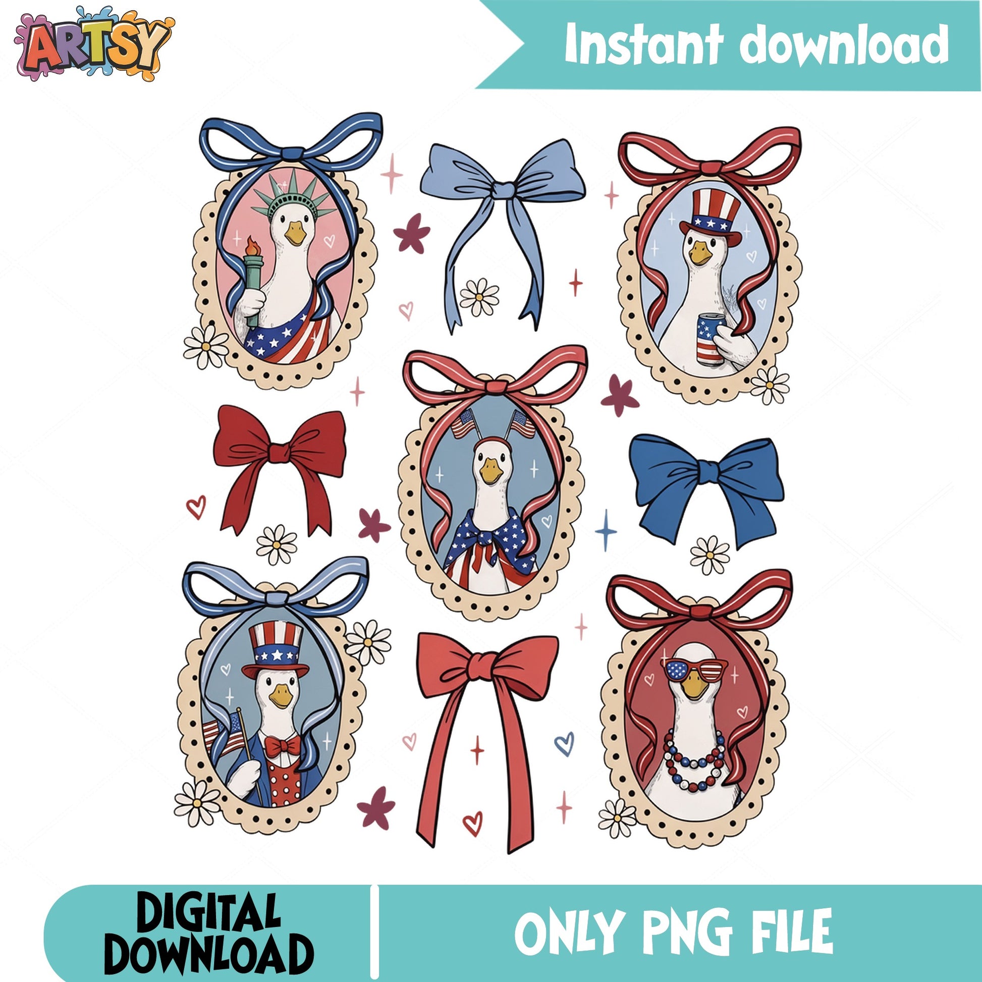 4th Of July Patriotic Goose PNG Bundle, Coquette Bow PNG, America PNG
