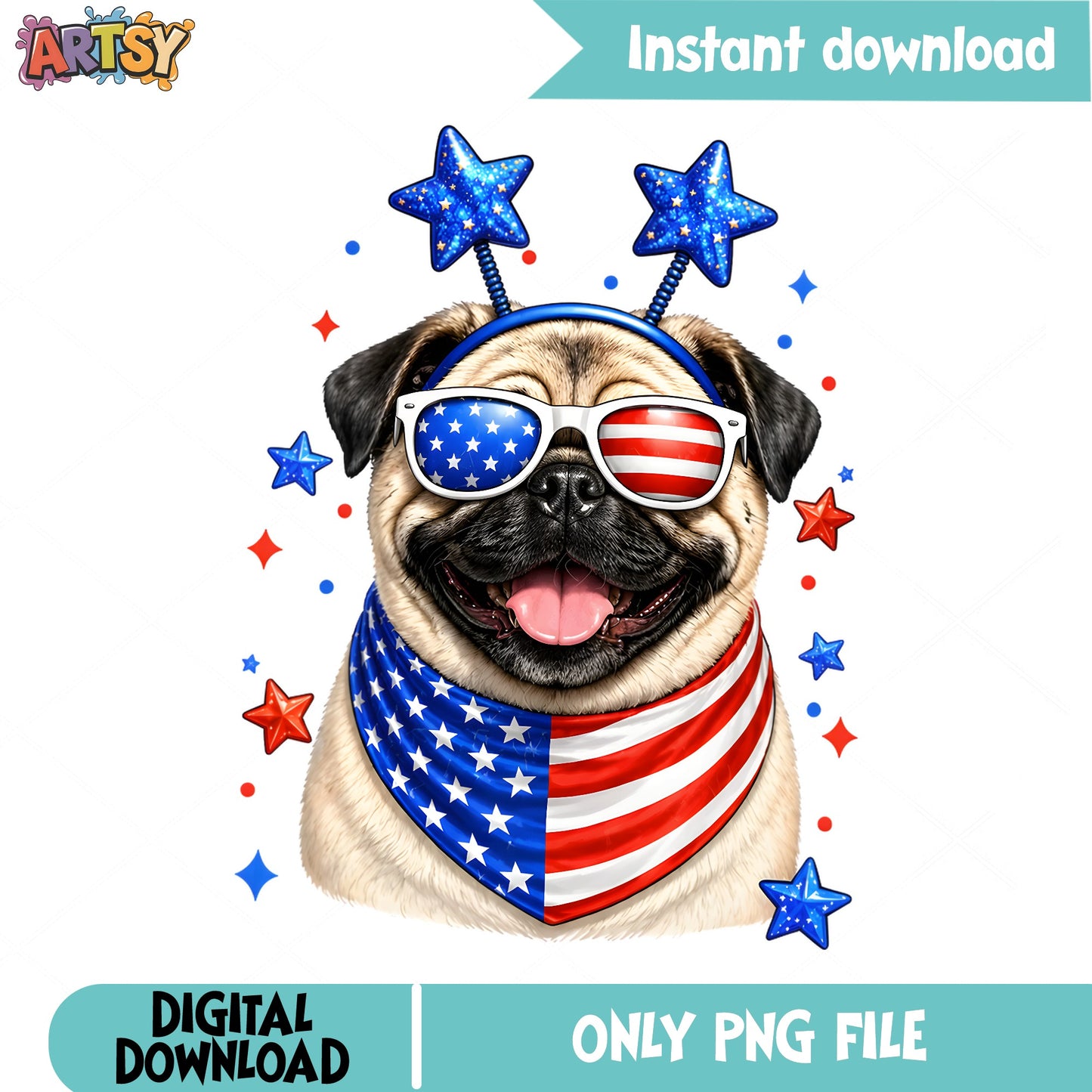 4th Of July Pug PNG, American Flag Dog PNG, Patriotic Pug PNG