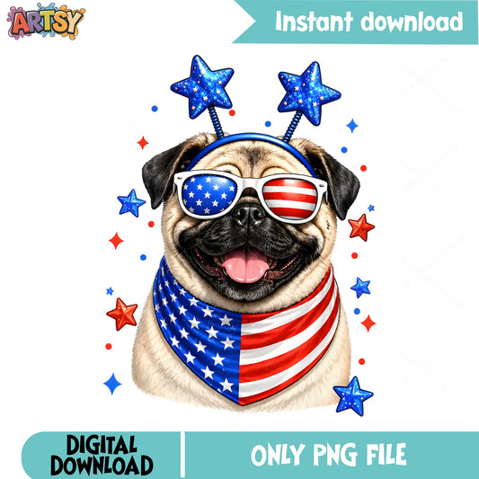 4th Of July Pug PNG, American Flag Dog PNG, Patriotic Pug PNG