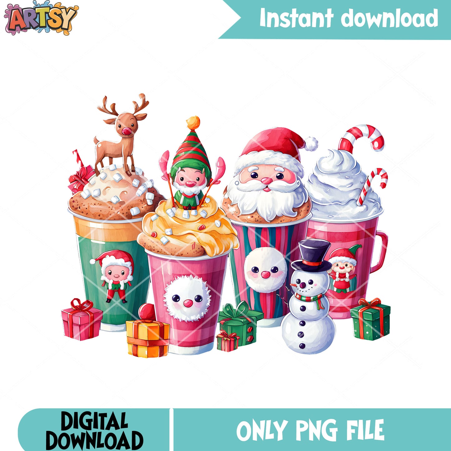 4 whimsical everages each adorned png, christmas vibes png, xmas png