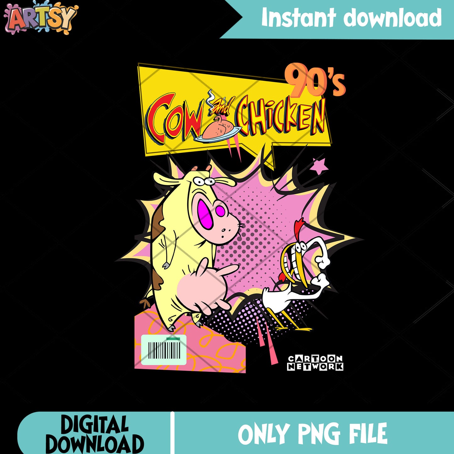 90s cartoon png, cow and chicken png, vintage kids show png