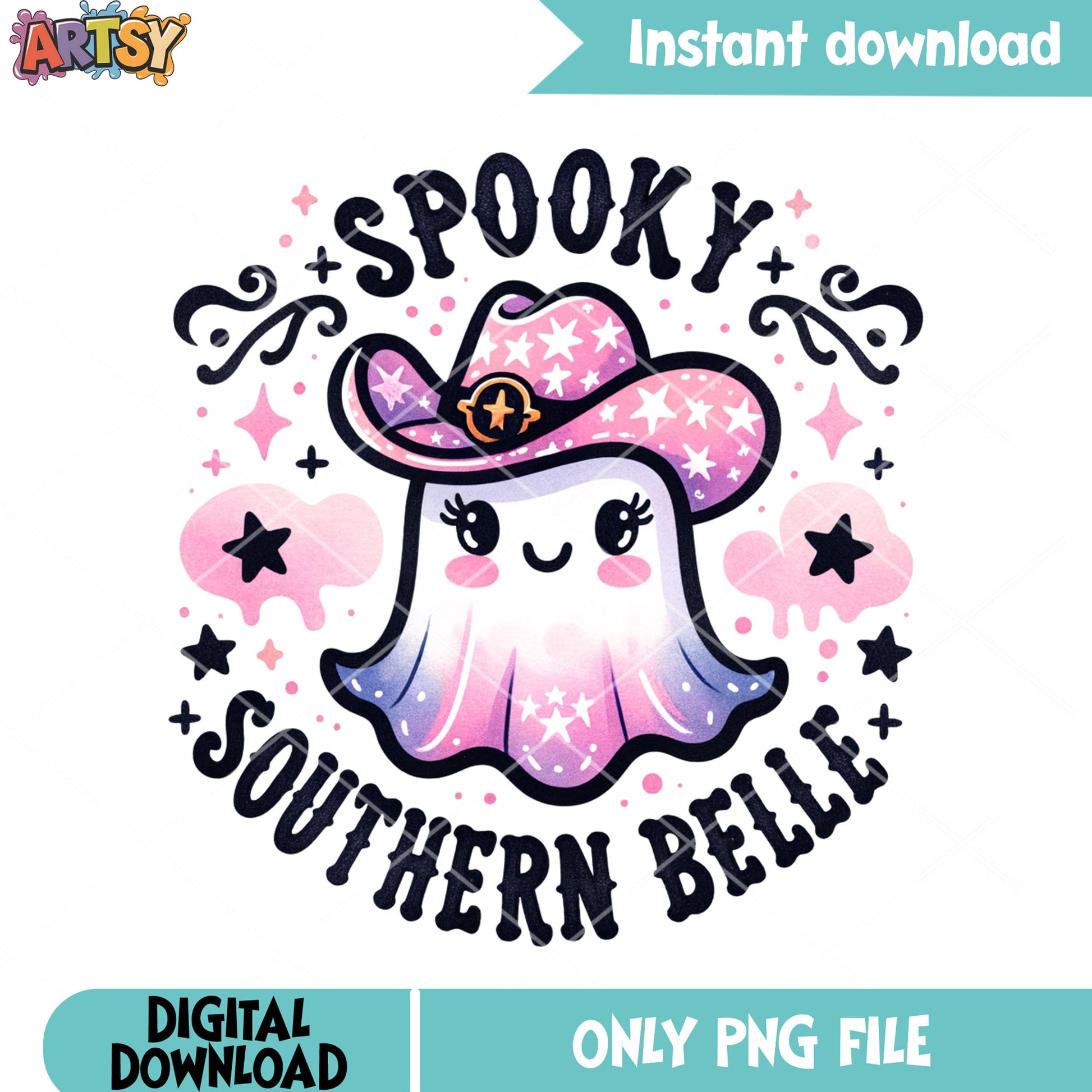 Adorable baby ghost png, pink cowboy hat png, scary halloween png