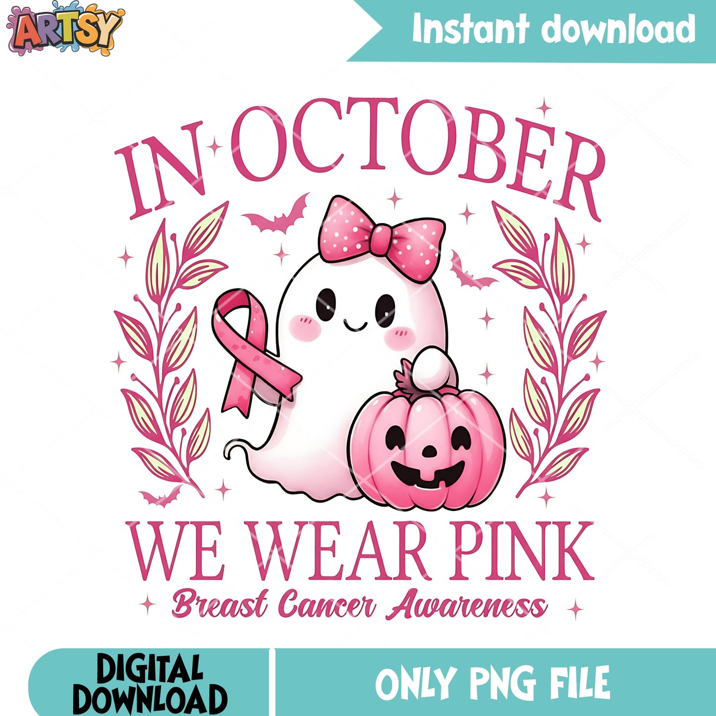 Adorable blanket ghost png, in october we wear pink png, scary bats​ png