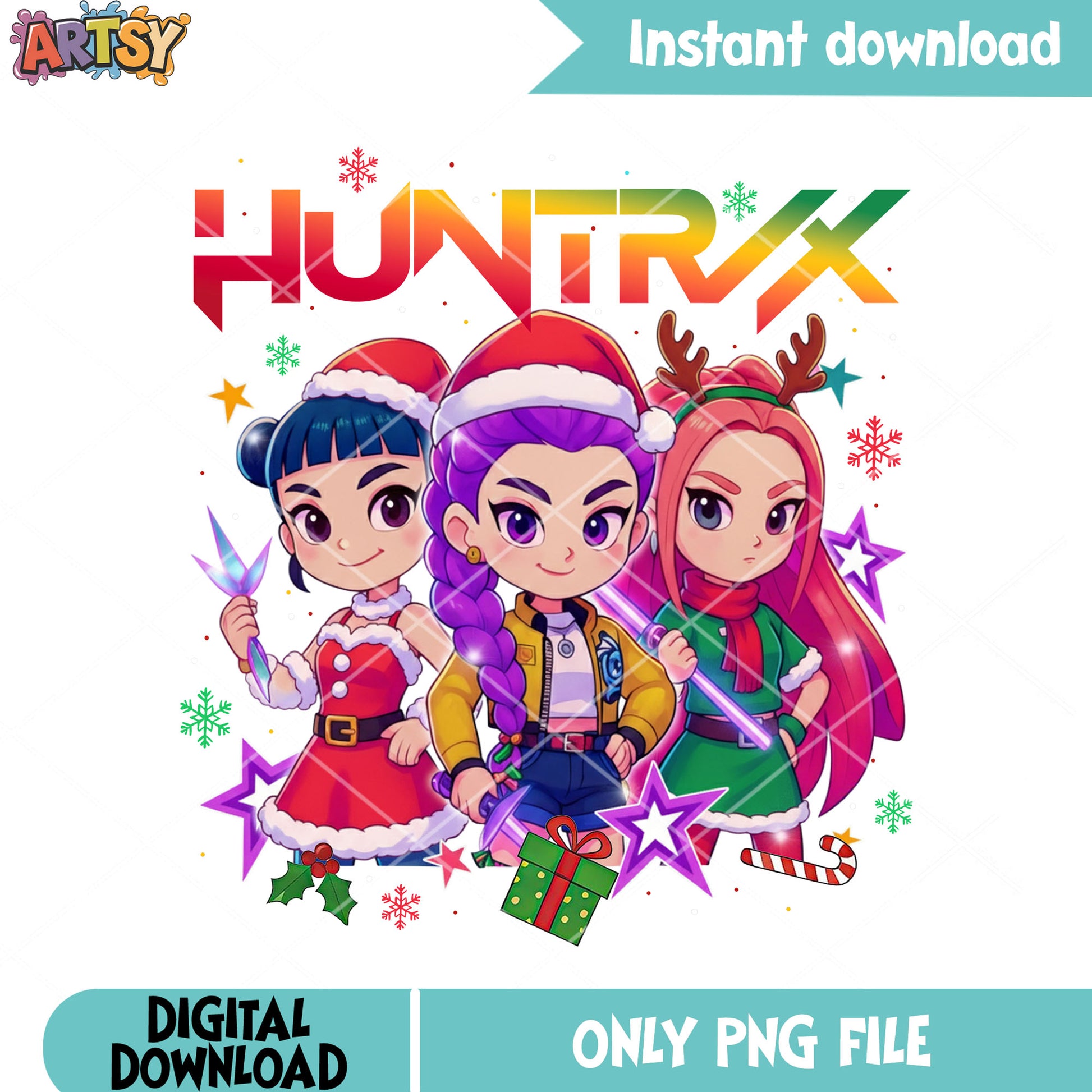 Adorable chibi huntrix png, christmas png, kpop demon hunters png