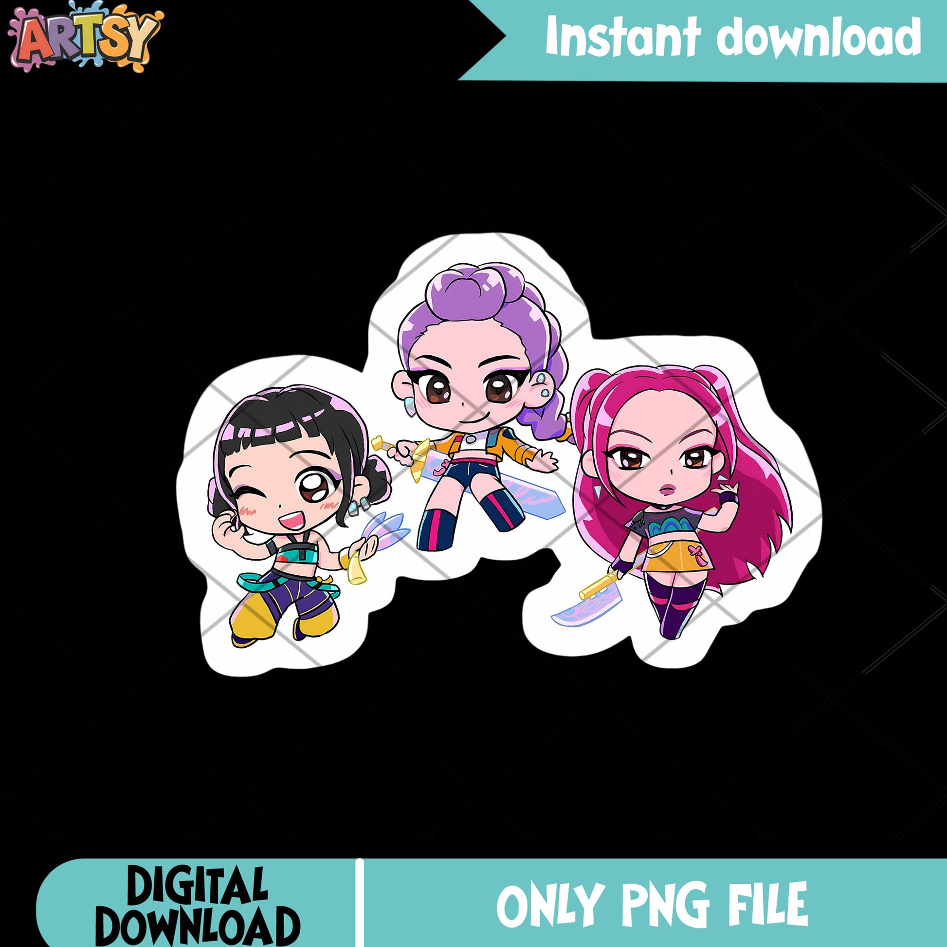 Adorable chibi kpop sticker png, kpop demon hunters png, huntrix movie png