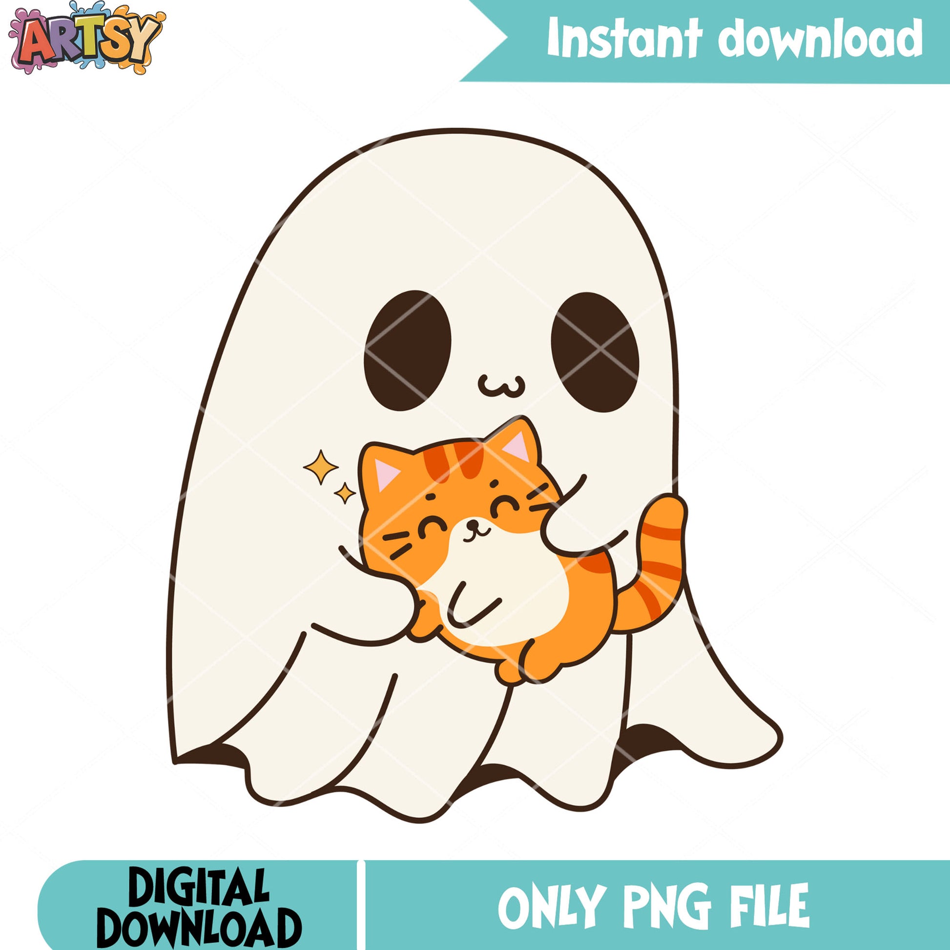 Adorable orange cat png, ghost costume png, halloween scary png