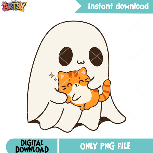 Adorable orange cat png, ghost costume png, halloween scary png