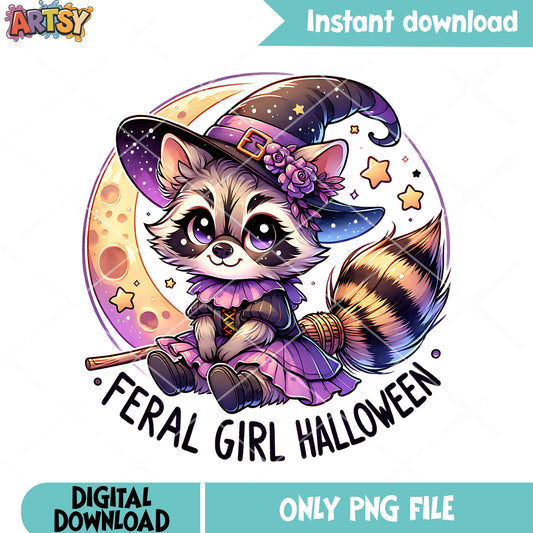 Adorable witch raccoon  png, cresent moon png, halloween scary png