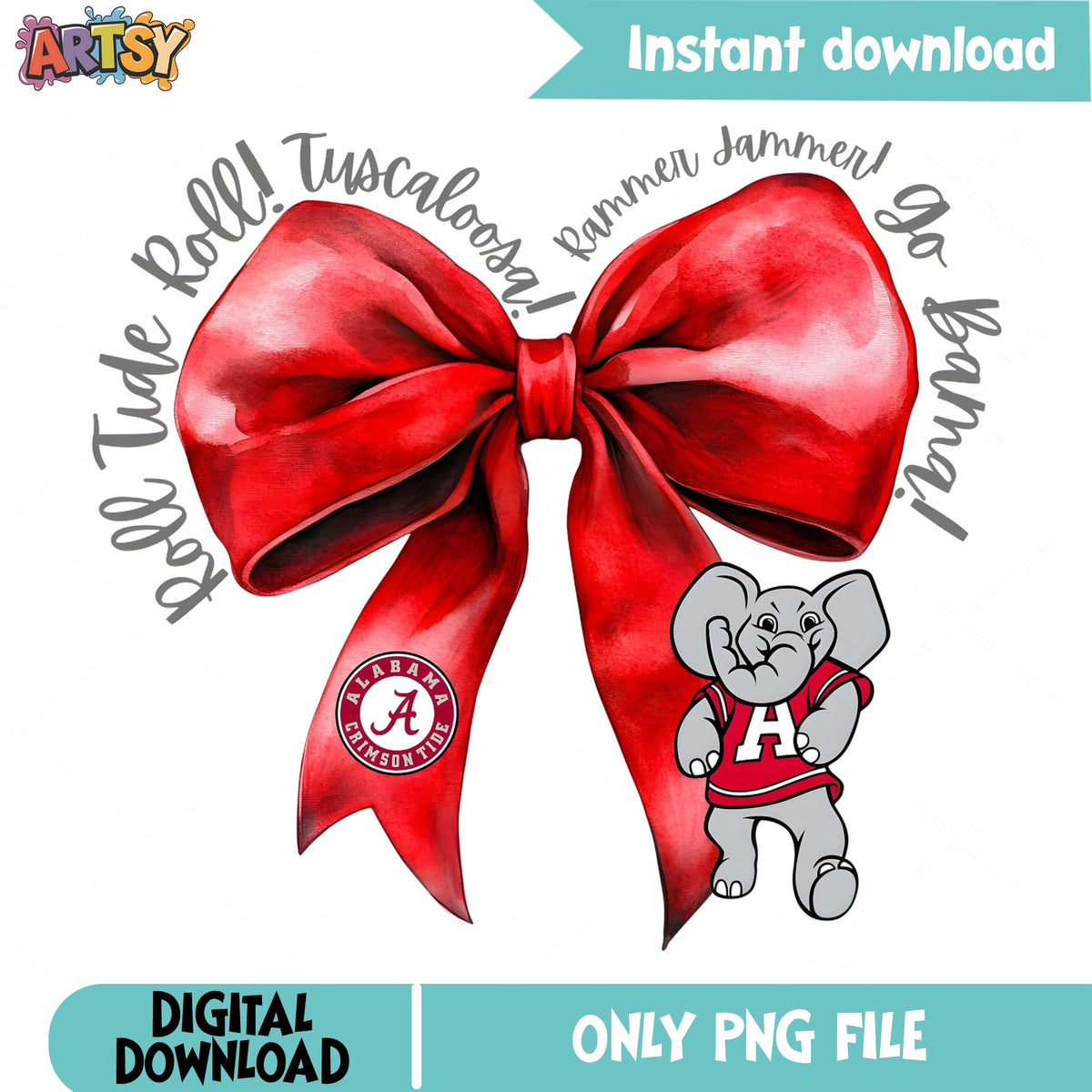 Alabama Crimson Tide Bow PNG, Roll Tide Elephant PNG, Bama PNG