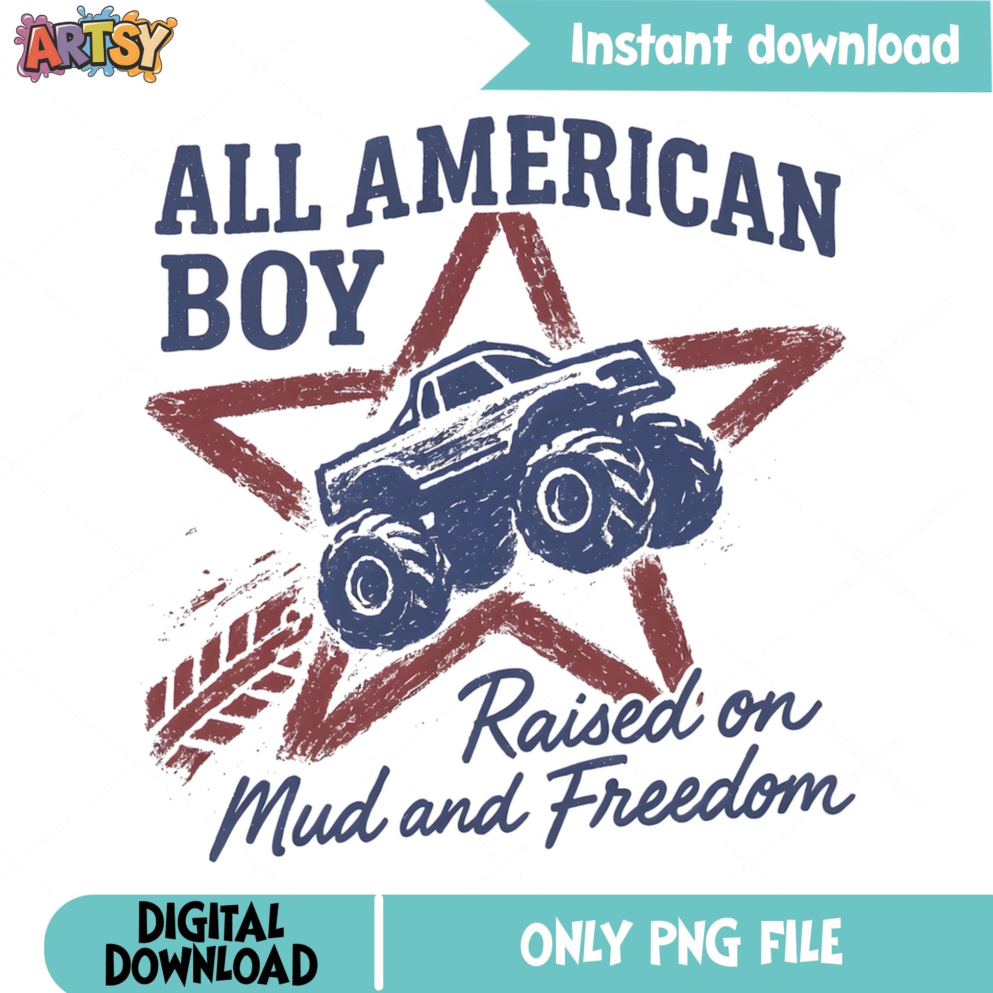 All American Boy Monster Truck PNG, 4th Of July PNG, Boys PNG