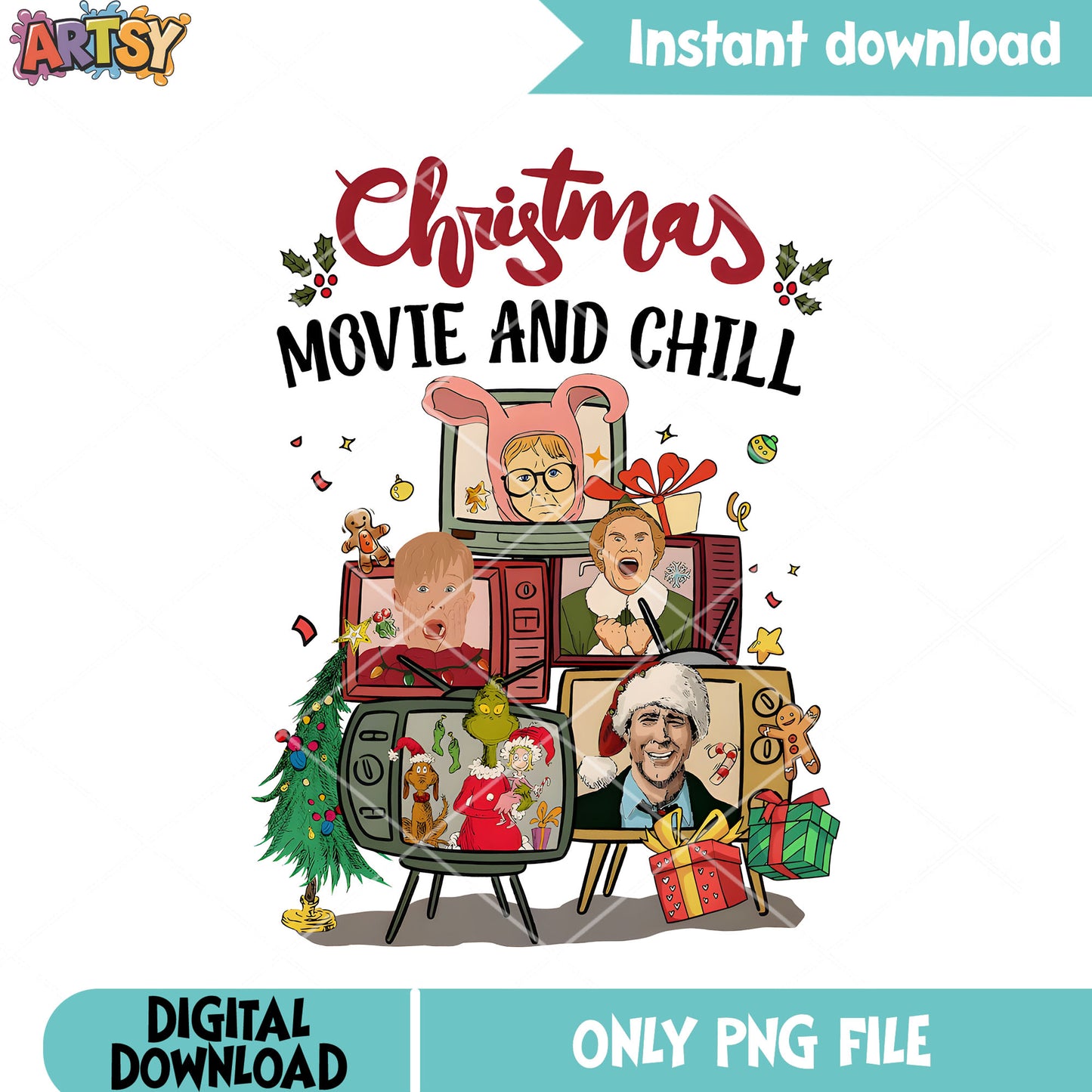 All movie christmas vibes png, christmas tree png, the grinch png