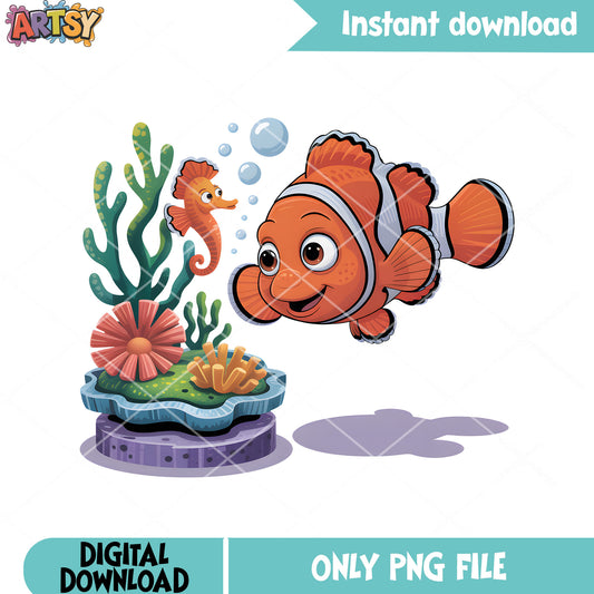 A lovely seahorse with nemo png, disney nemo png, clownfish png