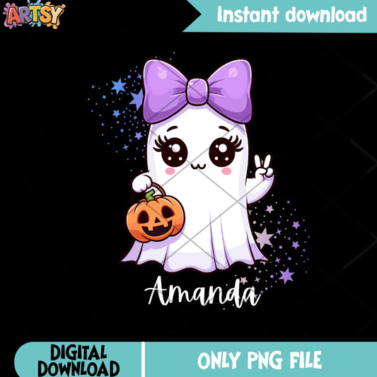 Amanda the ghost png, wicker pumpkin png, purple bow tie png