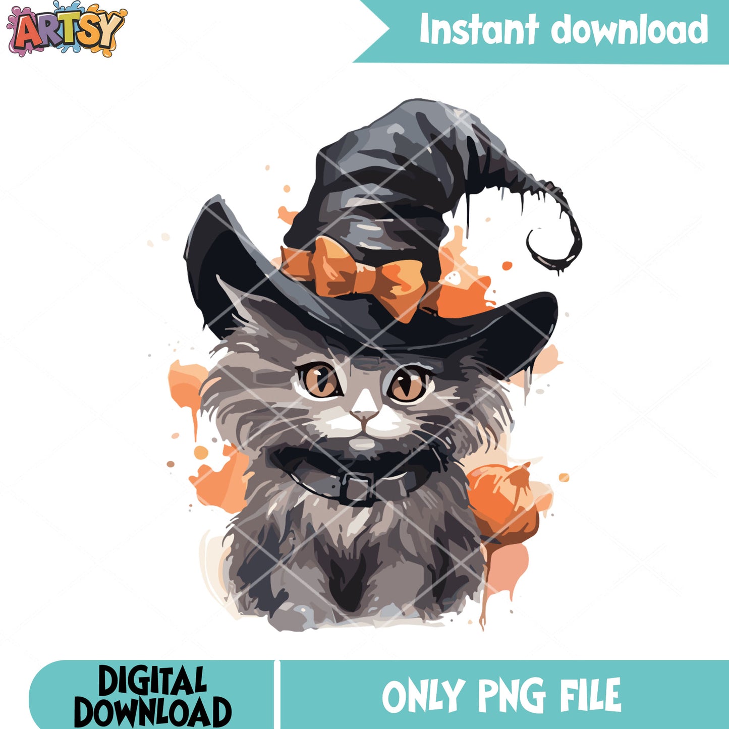 Amber eyes Cute cat png, witch hat png, halloween scary png