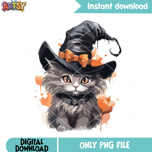 Amber eyes Cute cat png, witch hat png, halloween scary png
