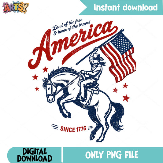 America Cowboy Riding Horse With Flag PNG, 4th Of July PNG, Patriotic PNG