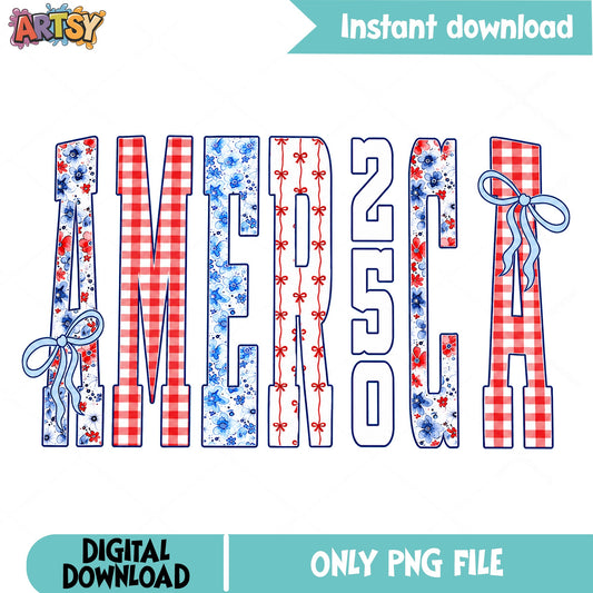 America Floral Gingham PNG, 4th Of July PNG, Patriotic PNG