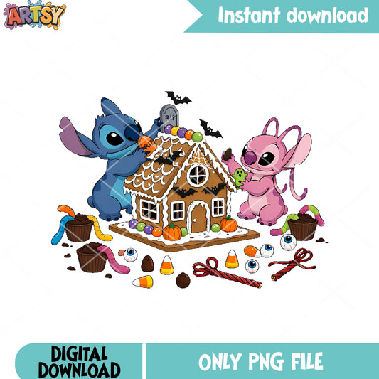 Angel and stitch png, halloween house png, spooky halloween png