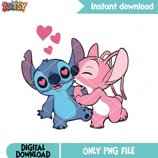 Angel kiss stitch valentine png, happy valentine png, lilo and stitch png