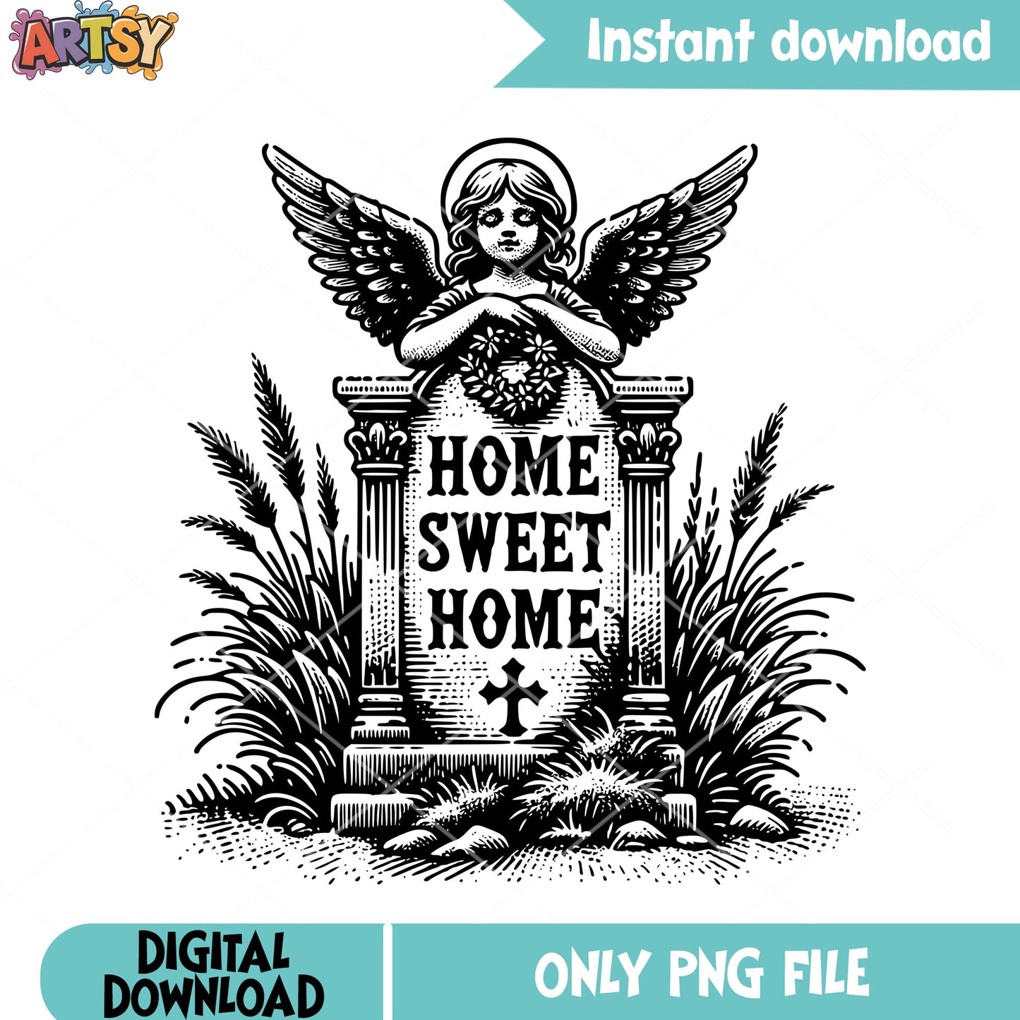 Angel tomb png, home sweet home png, halloween scary png