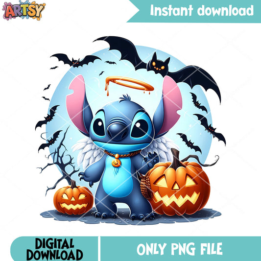 Angle stitch blue moon png, scary bats png, halloween scary png