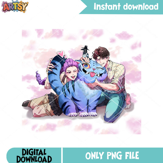 Anime couple cuddling blue tiger png, couple anime png, couple png
