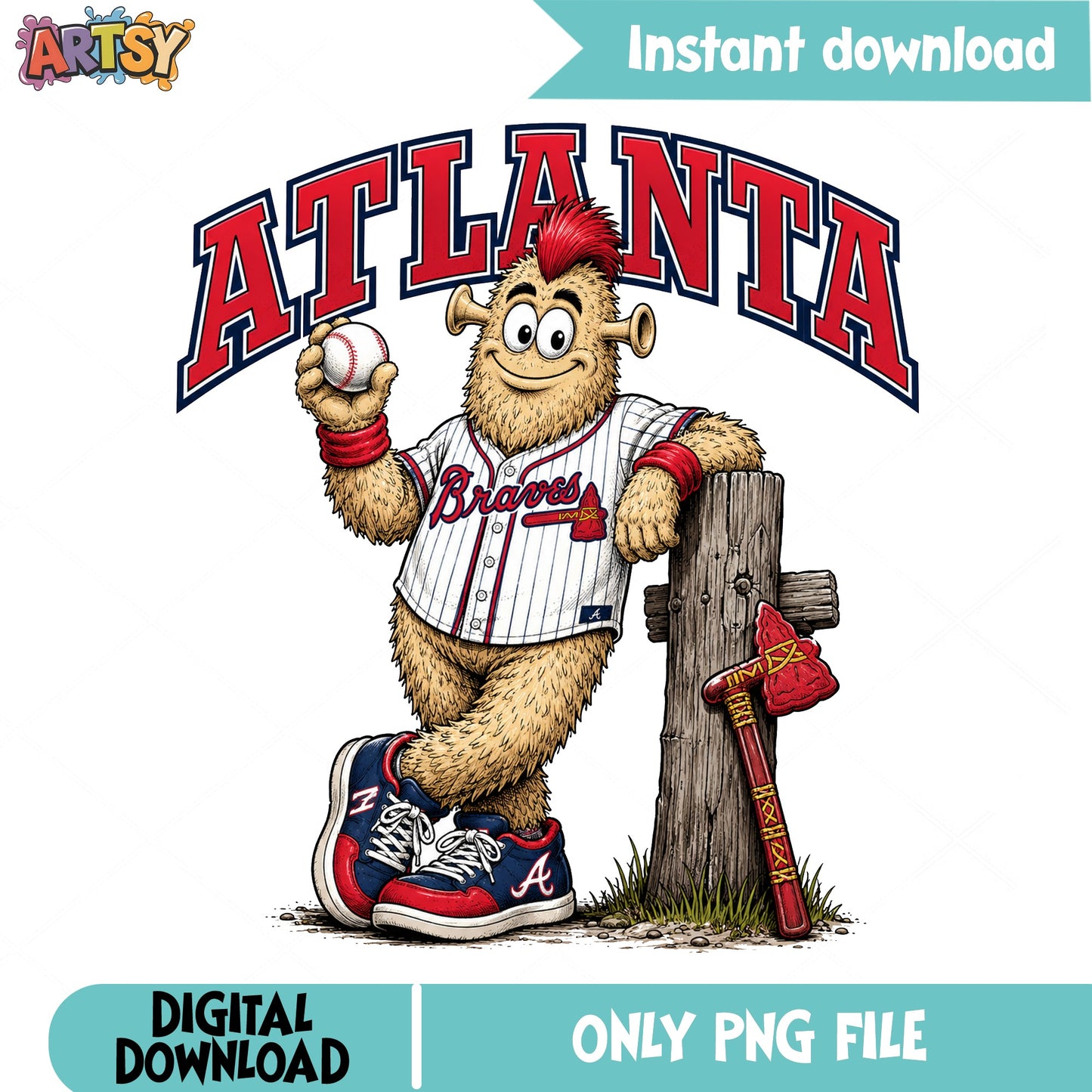 Atlanta Braves Bigfoot PNG, Baseball Sasquatch PNG, Funny Sports PNG