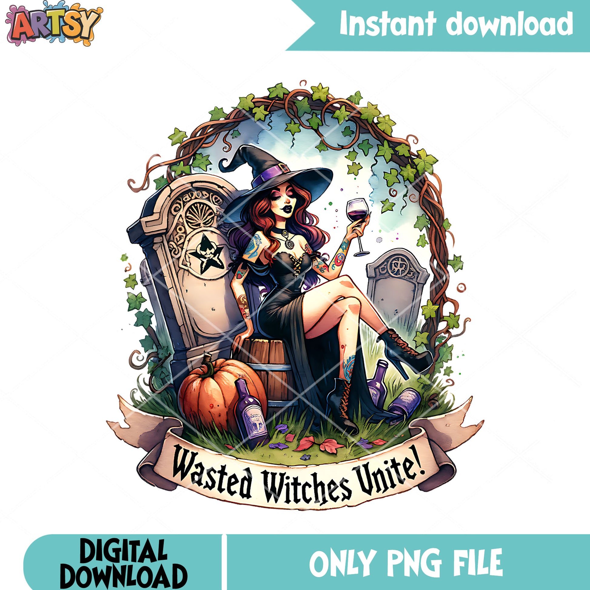 Attractive witch in the cemetery png, pumpkin png, halloween scary png