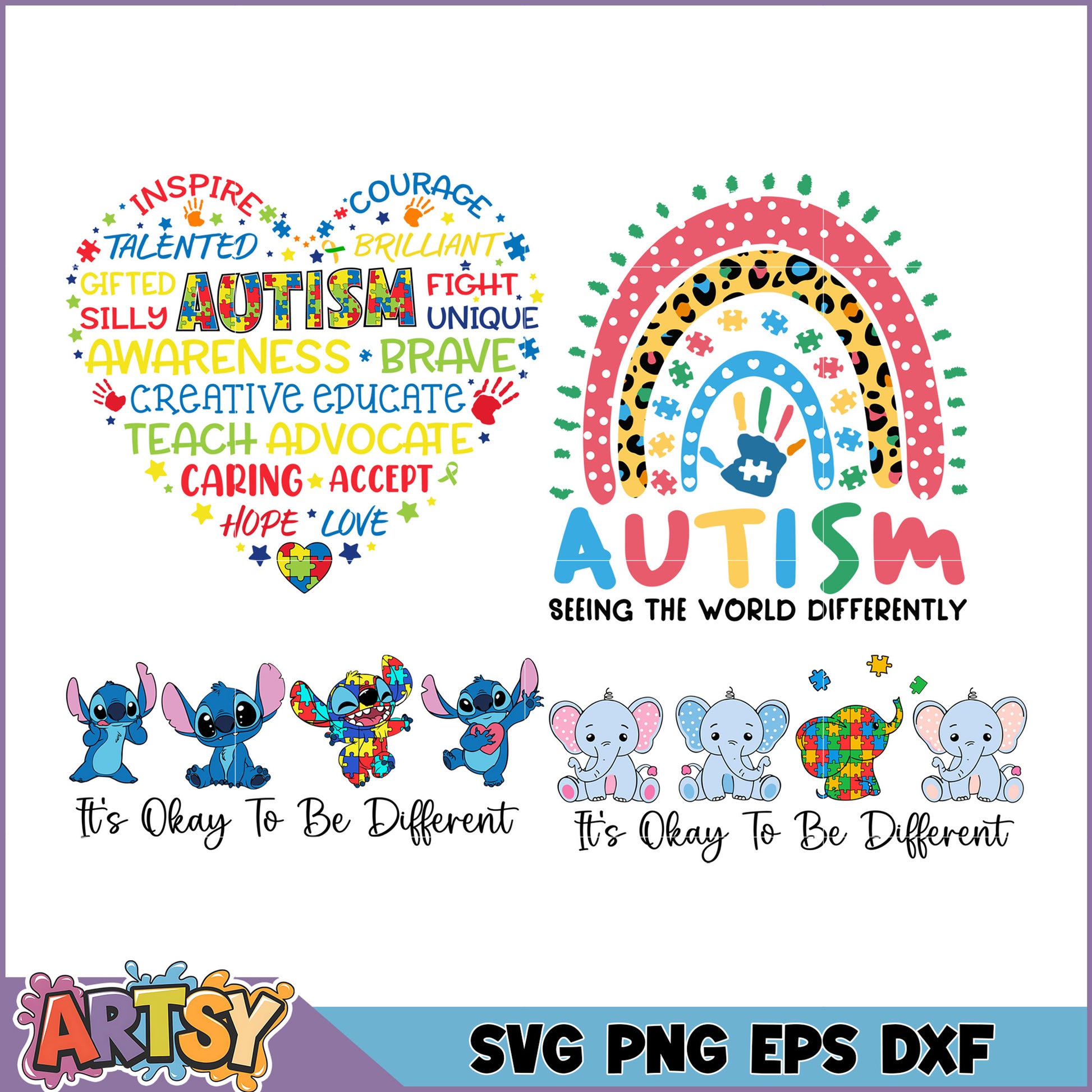 Autism Awareness SVG Bundle Rainbow, Stitch, Elephants