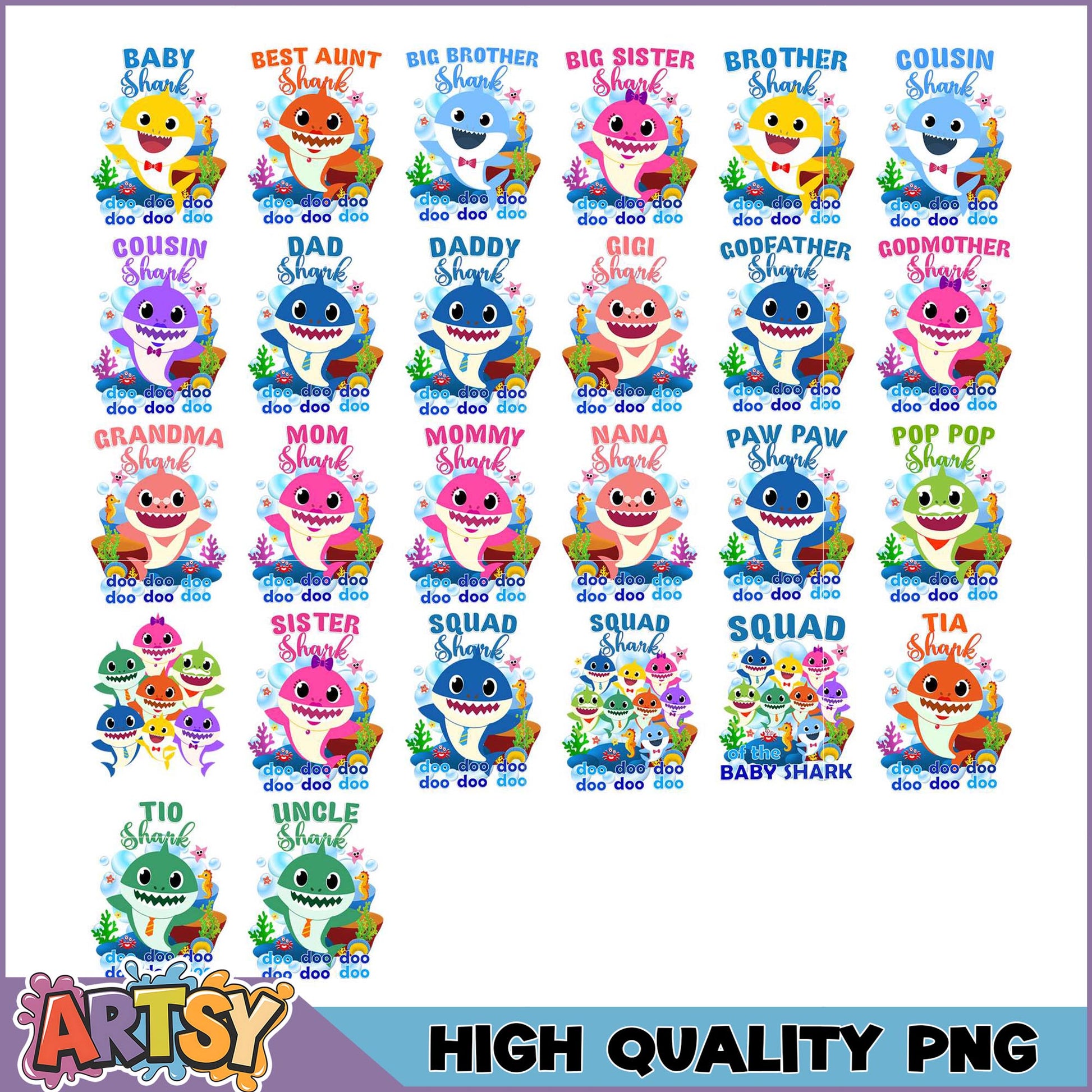 Baby Shark Family PNG Bundle High-Quality Images