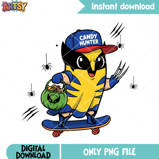 Baby Wolverine cute png, trick or treat png, marvel halloween png