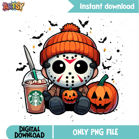 Baby Jason Voorhees Halloween PNG, Horror Coffee PNG, Pumpkin PNG